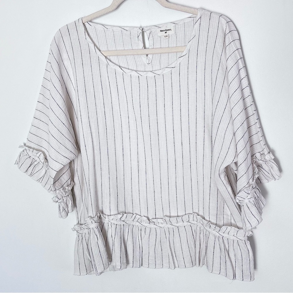 World Market Oversized Stripes Ruffles Top Blouse Small/Medium Neutral Boho *E60